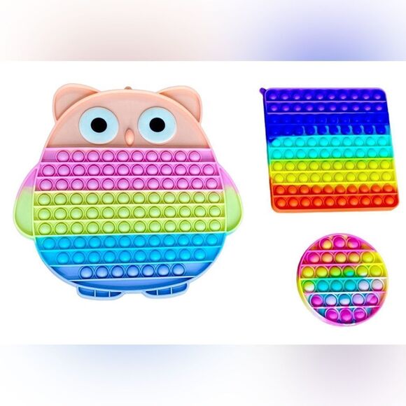 Pop It Bundle of 3 Sensory Colorful Cute Silicone Fidget Toys Owl Circle Square. - Picture 1 of 7